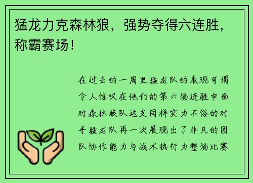 猛龙力克森林狼，强势夺得六连胜，称霸赛场！